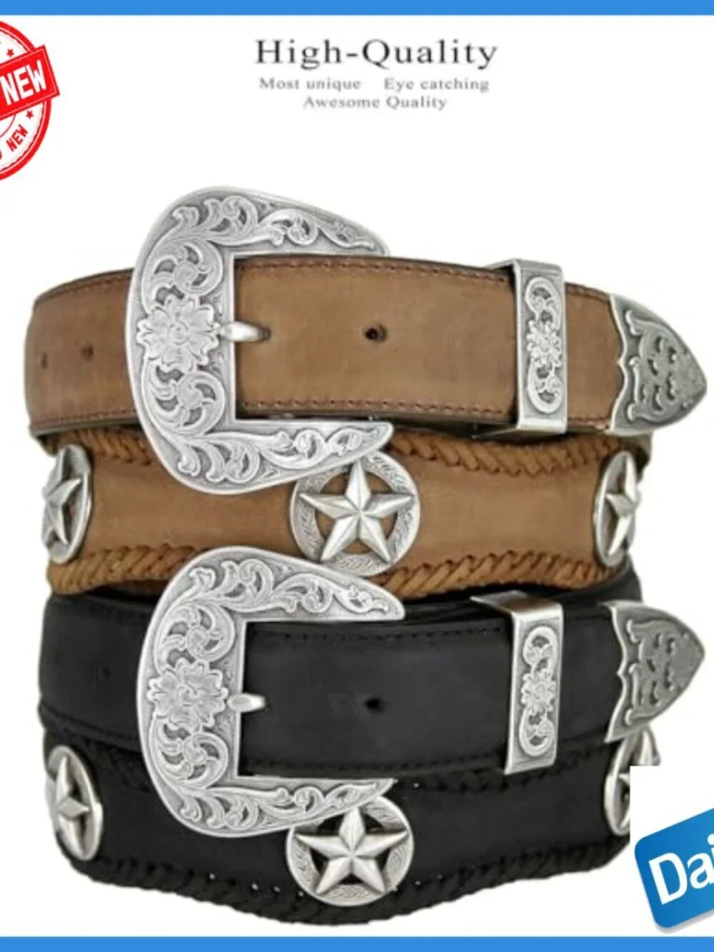 Men's Leather Belt with Star Conchos, Silver Buckle, Size 40